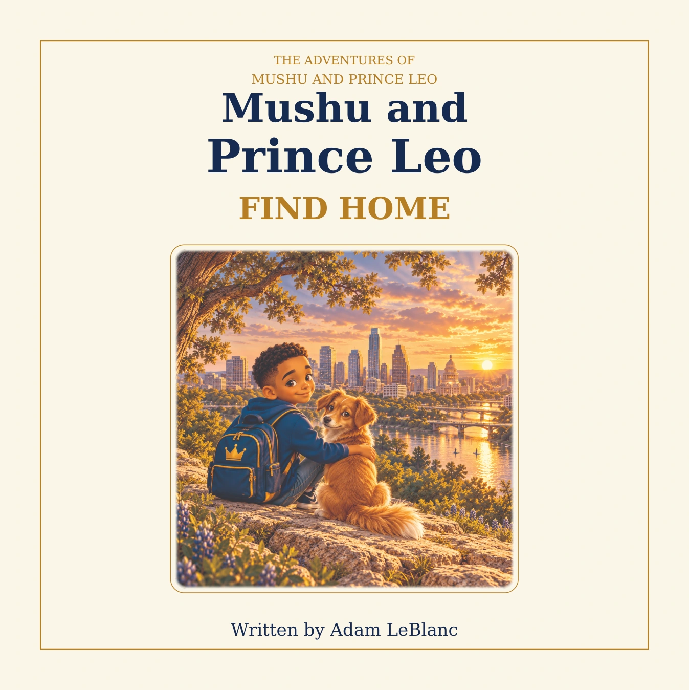 Mushu and Prince Leo Find Home, written by Adam LeBlanc. The cover shows a boy and his little golden dog together above Lady Bird Lake at sunset.