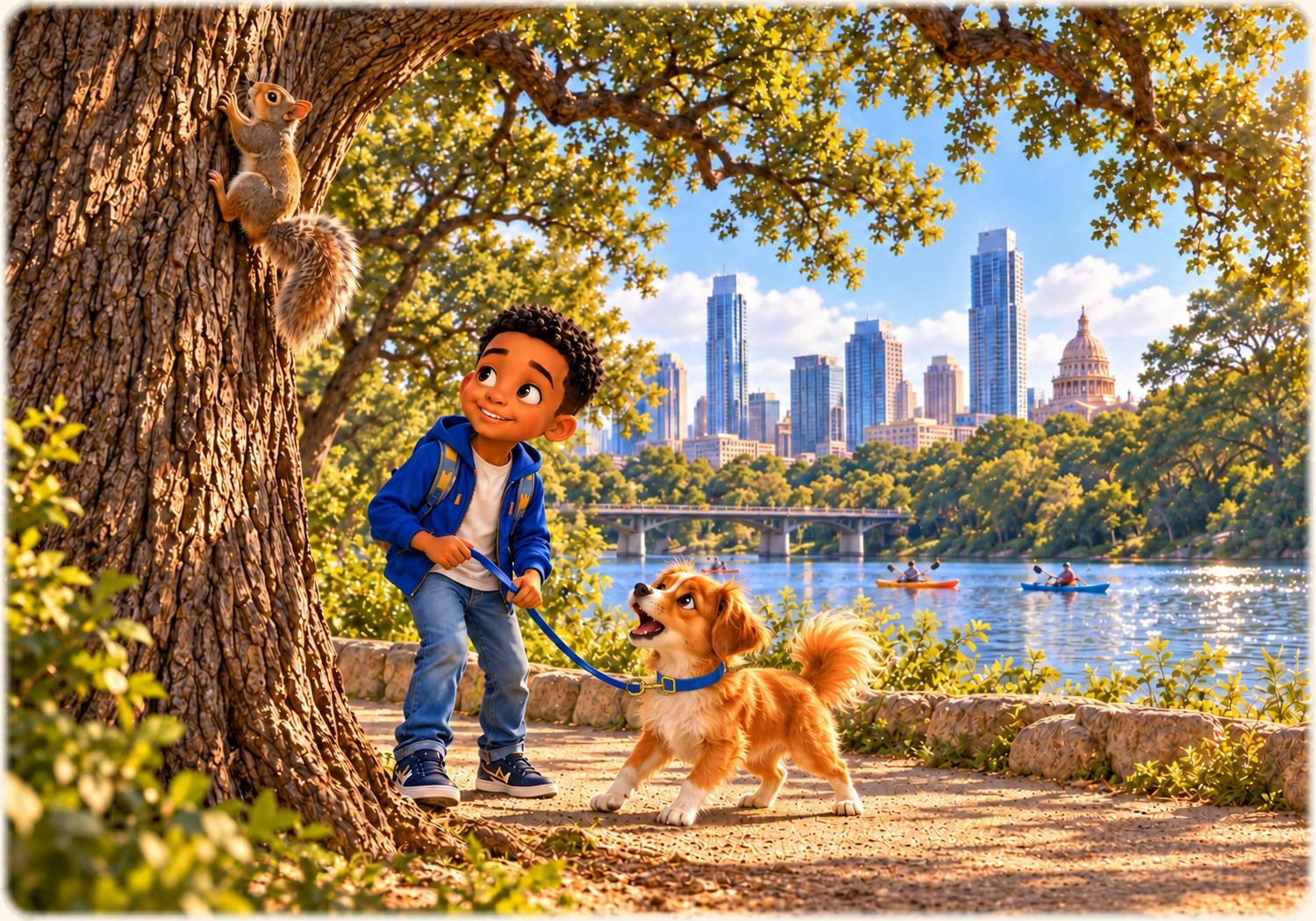 Prince Leo and Mushu exploring a sunny trail beside Lady Bird Lake, with Austin’s skyline across the water.