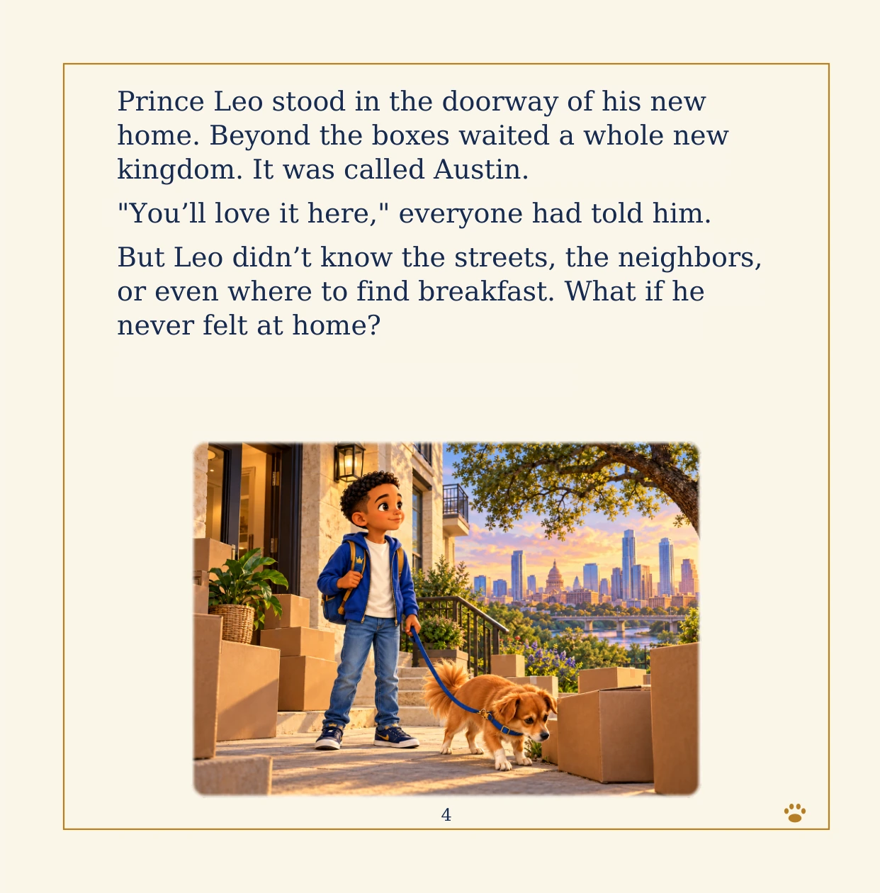 Book preview, page 4: Prince Leo arrives at his new home in Austin with Mushu.
